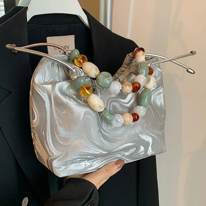 Beaded Handle Marbled Handbag