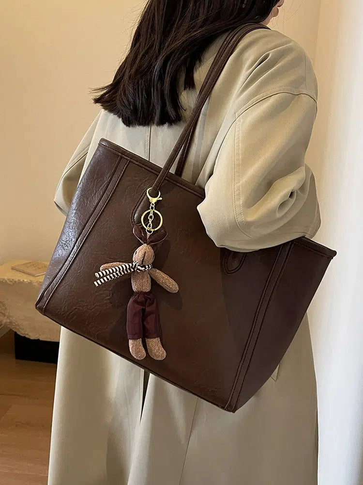 Bear Keychain Spacious Leather Tote Bag