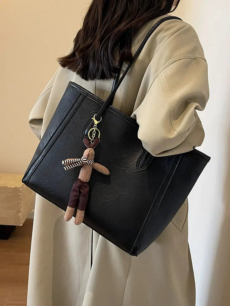 Bear Keychain Spacious Leather Tote Bag