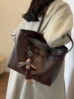 Bear Keychain Spacious Leather Tote Bag