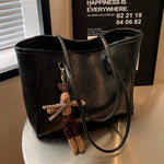 Bear Keychain Spacious Leather Tote Bag