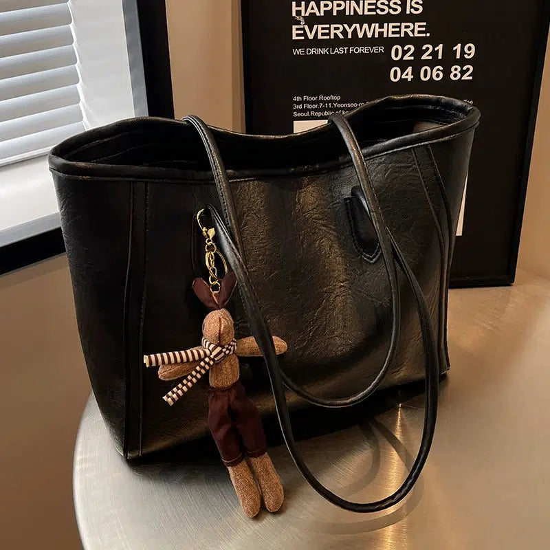 Bear Keychain Spacious Leather Tote Bag