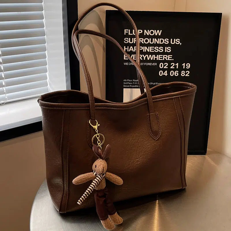 Bear Keychain Spacious Leather Tote Bag