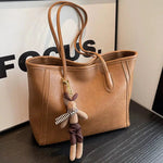 Bear Keychain Spacious Leather Tote Bag