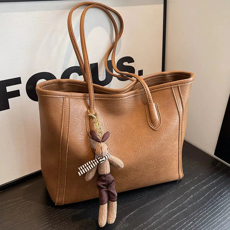 Bear Keychain Spacious Leather Tote Bag