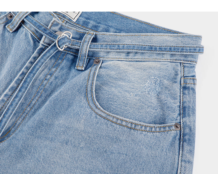 Belted Adjustable Washed Blue Jeans