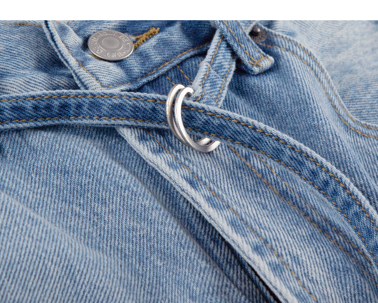 Belted Adjustable Washed Blue Jeans
