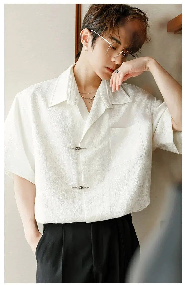 Black Crinkled Short Sleeve Shirt with Silver Buckle Fasteners