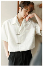 Black Crinkled Short Sleeve Shirt with Silver Buckle Fasteners