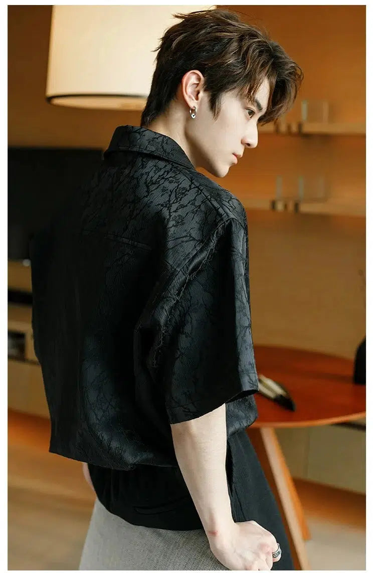 Black Crinkled Short Sleeve Shirt with Silver Buckle Fasteners