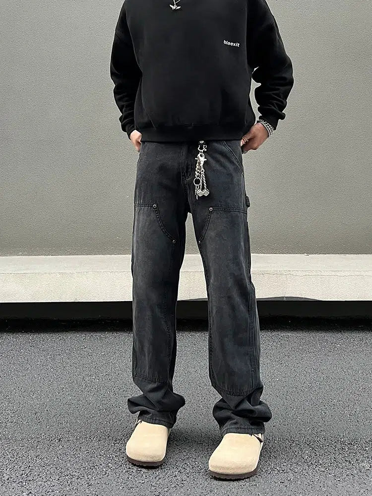 Black Denim Overalls Straight Jeans