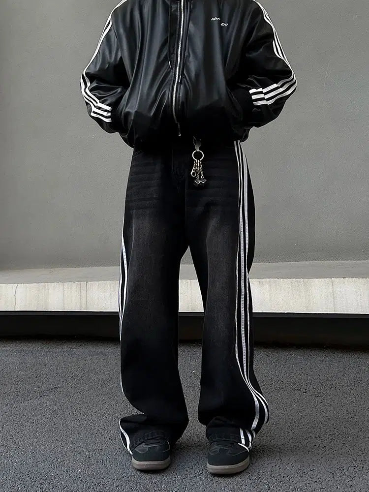 Black Wide-leg Side Stripe Jeans