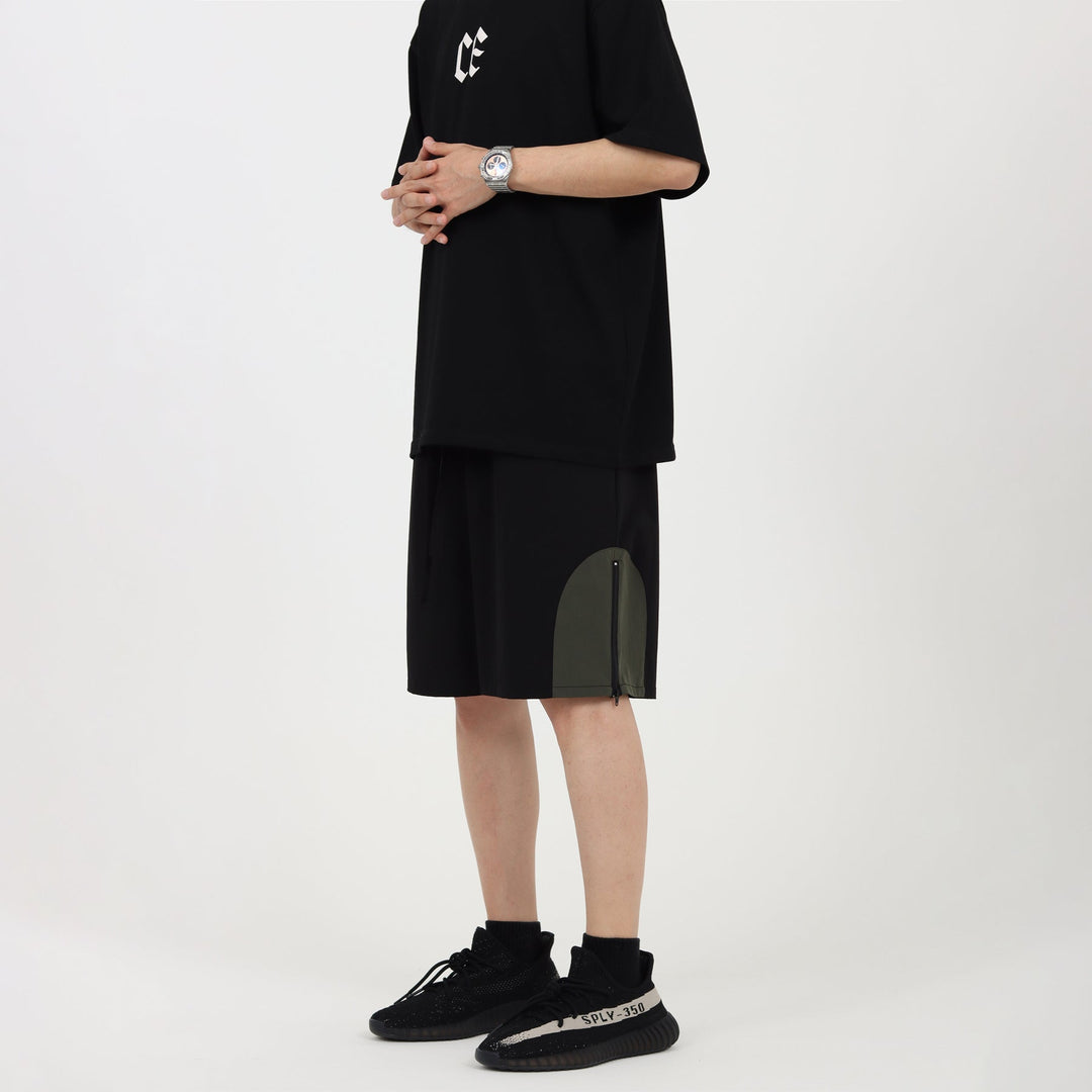 Black and Green Stitching Zipper Shorts