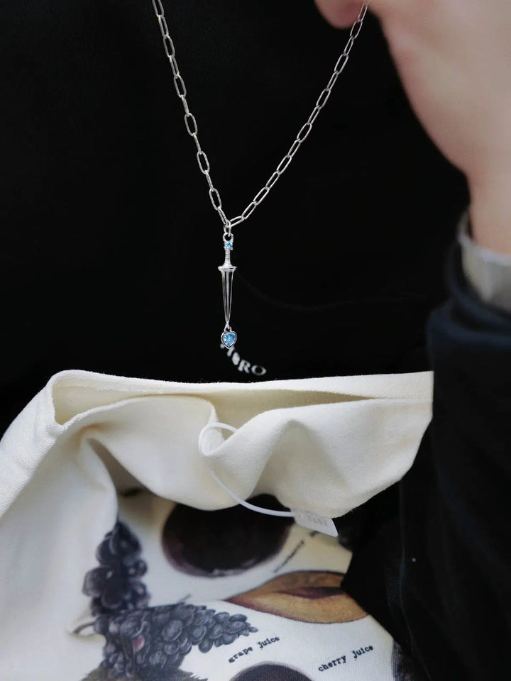 Blue Heart Dagger Pendant Necklace