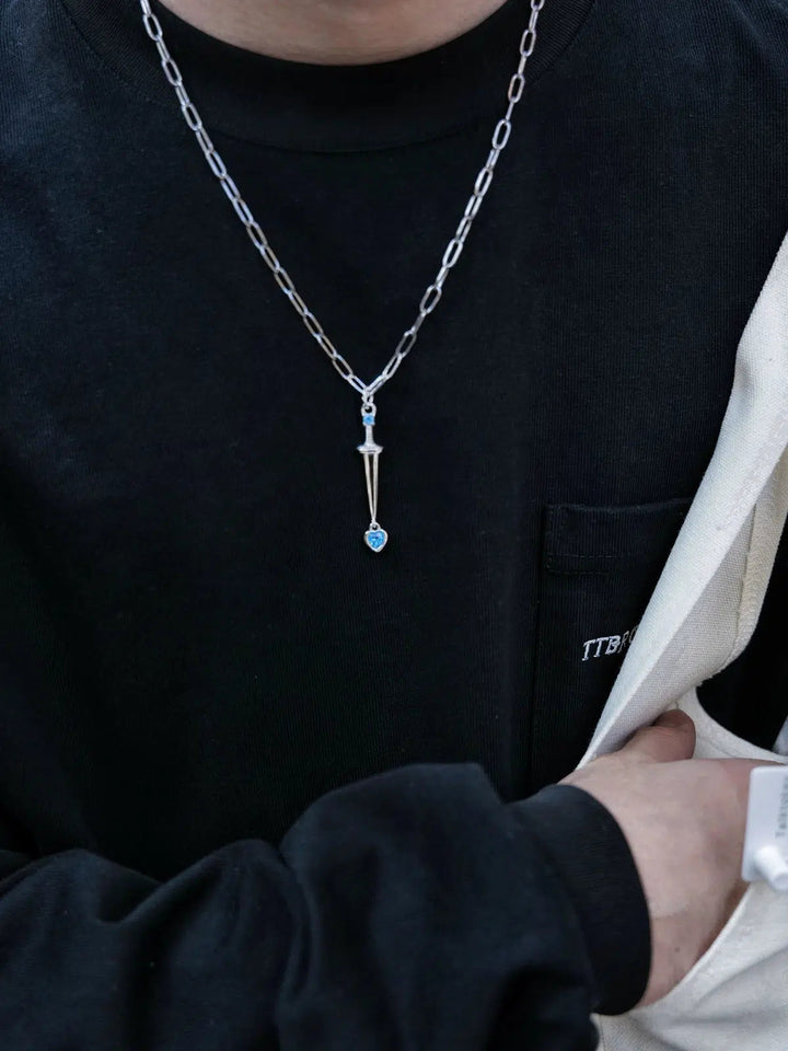 Blue Heart Dagger Pendant Necklace