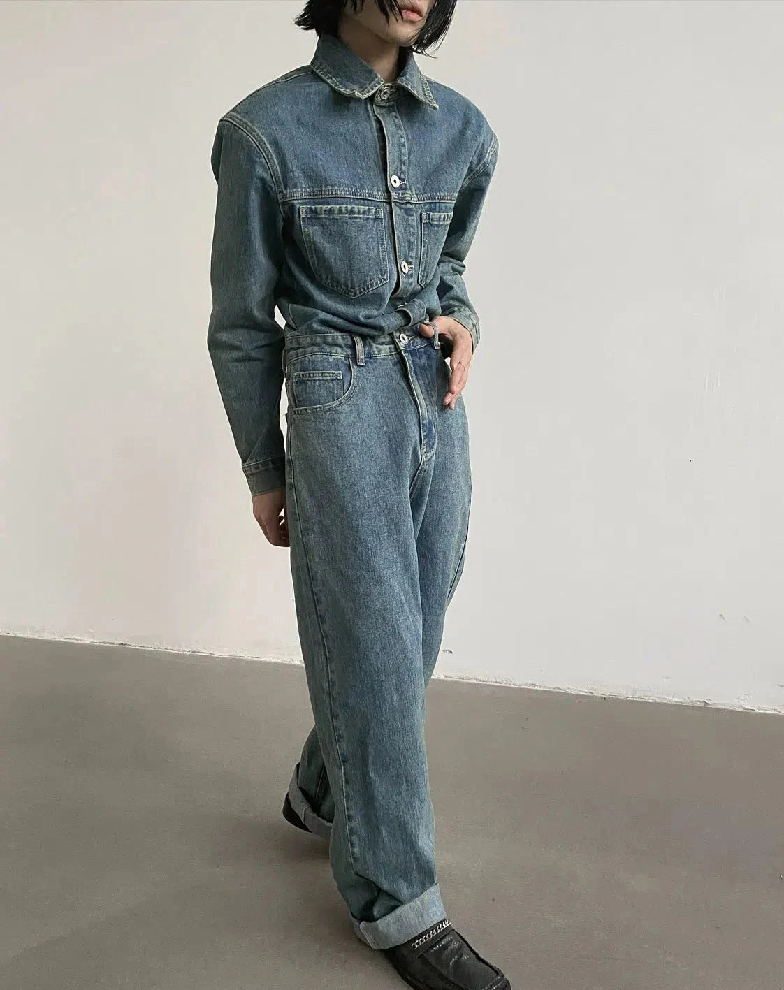 Blue Long-sleeved Denim Jumpsuit
