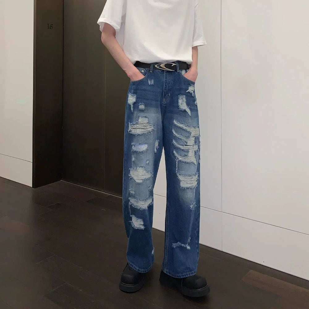 Blue Ripped Straight-leg Jeans