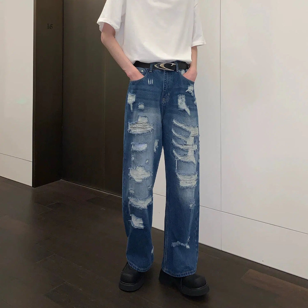 Blue Ripped Straight-leg Jeans