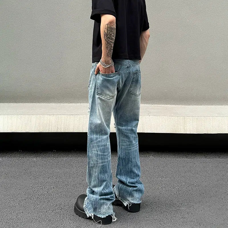 Blue Ripped Straight-leg Jeans