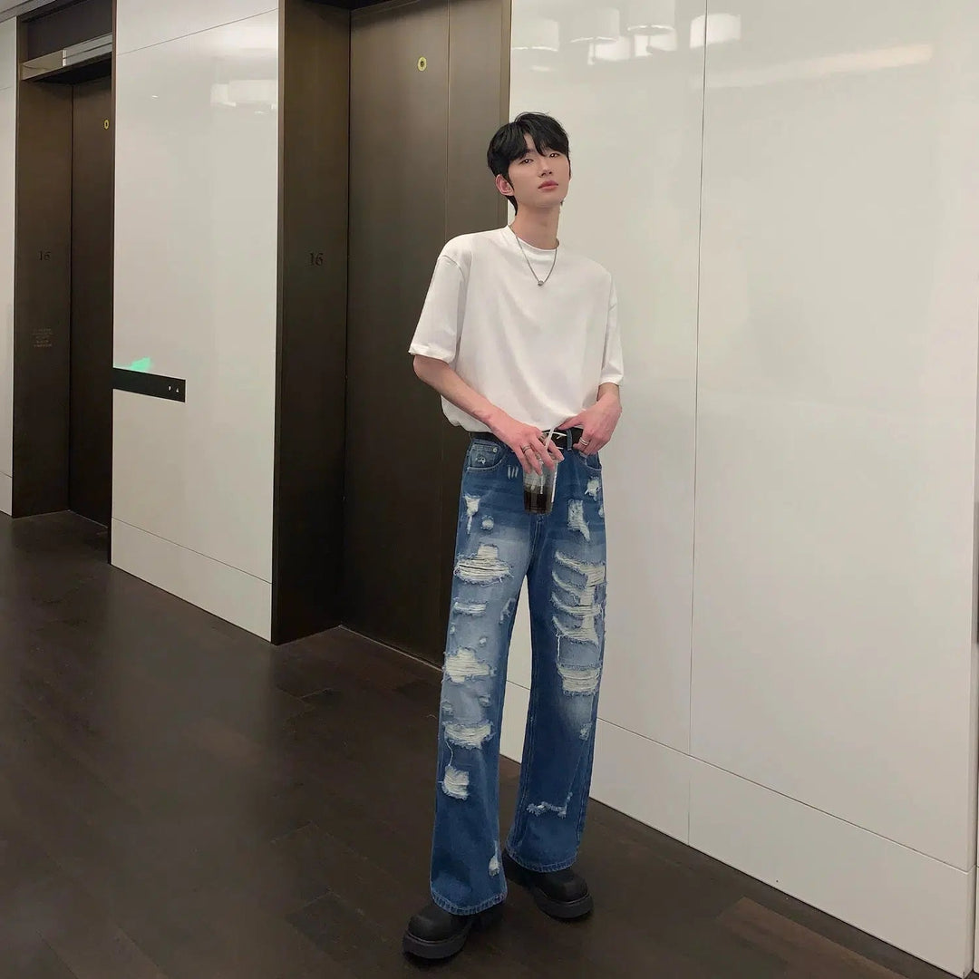Blue Ripped Straight-leg Jeans
