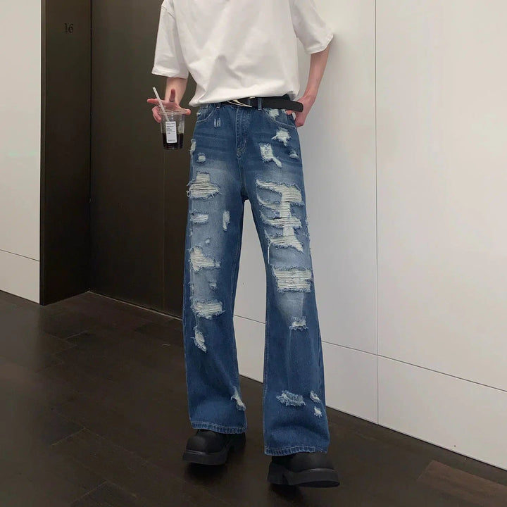 Blue Ripped Straight-leg Jeans