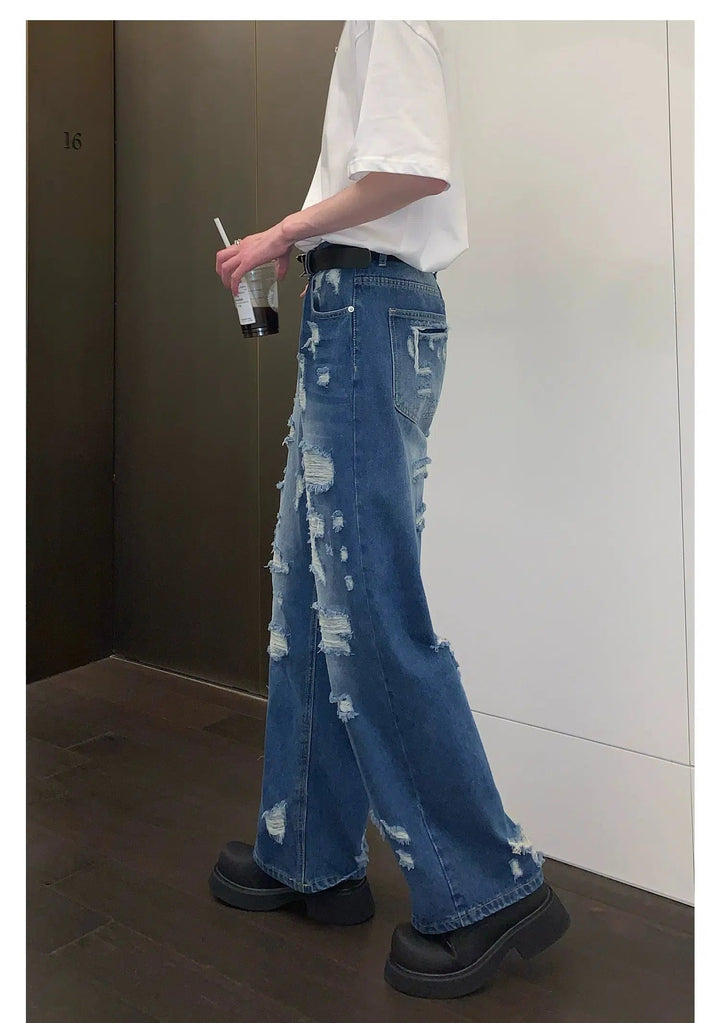Blue Ripped Straight-leg Jeans