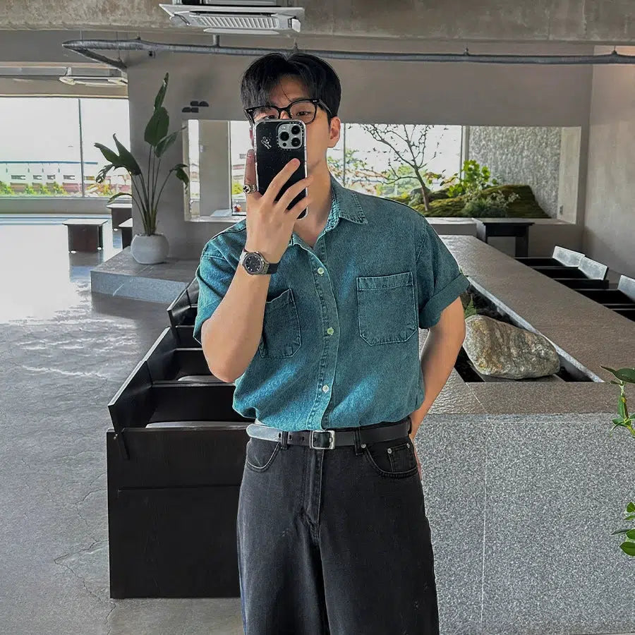Blue Short Sleeve Denim Shirt