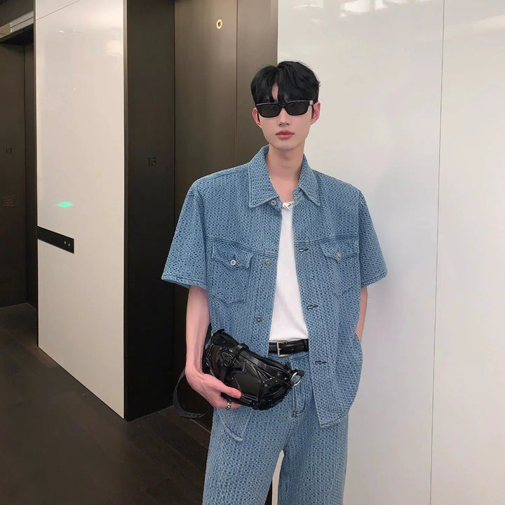 Blue Short-sleeved Shirt & Straight Jeans