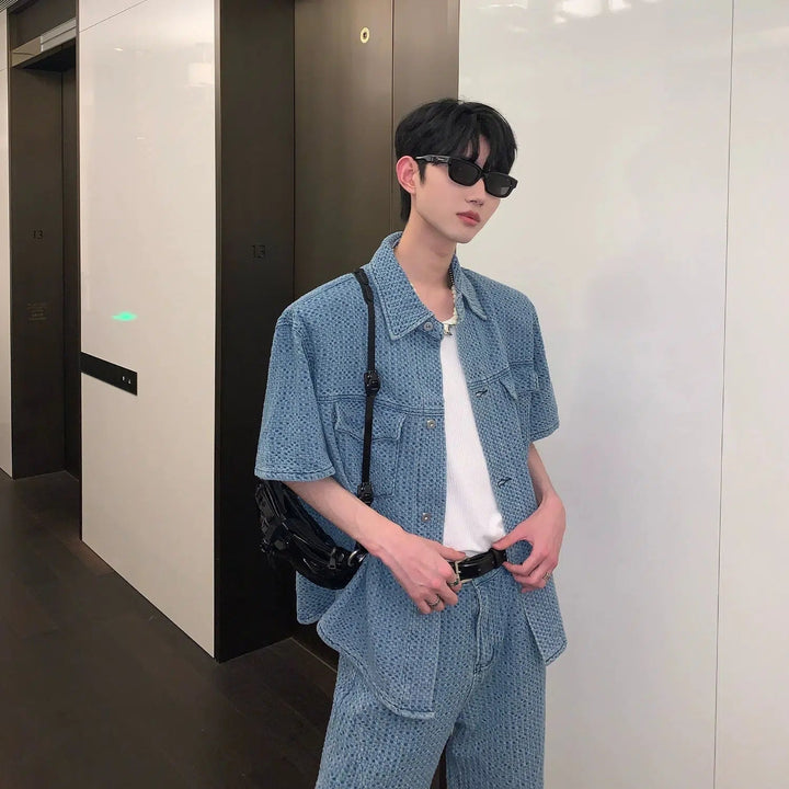 Blue Short-sleeved Shirt & Straight Jeans