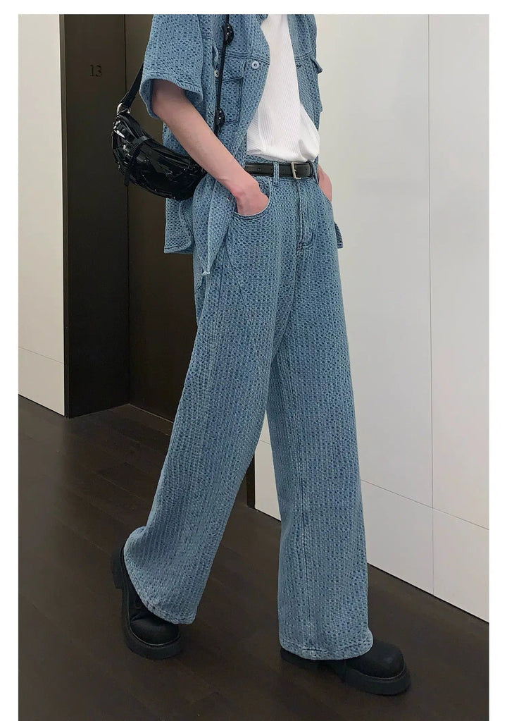 Blue Short-sleeved Shirt & Straight Jeans