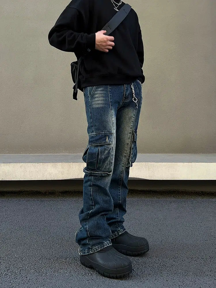 Blue Slim Fit Multi-pocket Cargo Jeans