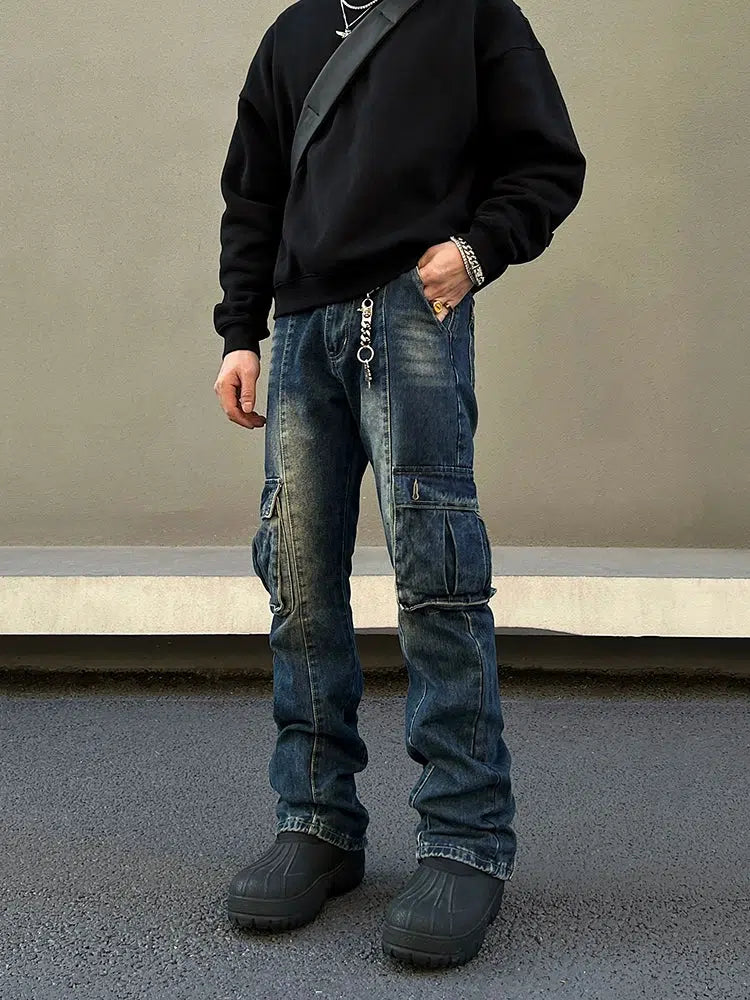 Blue Slim Fit Multi-pocket Cargo Jeans