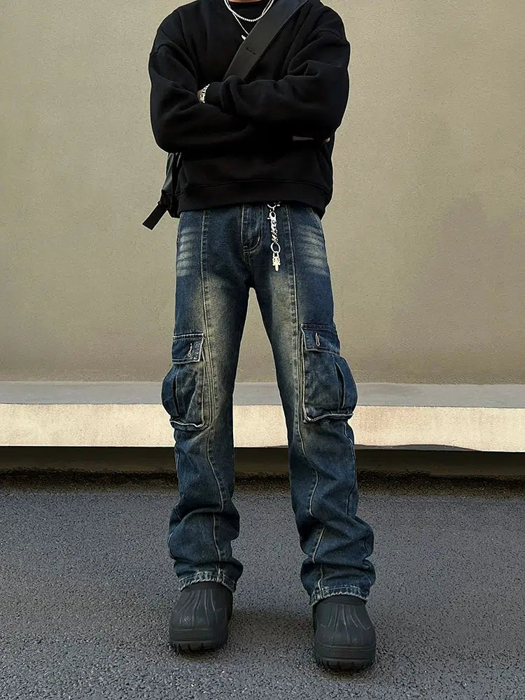 Blue Slim Fit Multi-pocket Cargo Jeans