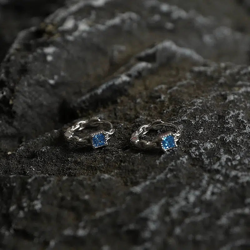 Blue Square Gemstone Hoop Earrings