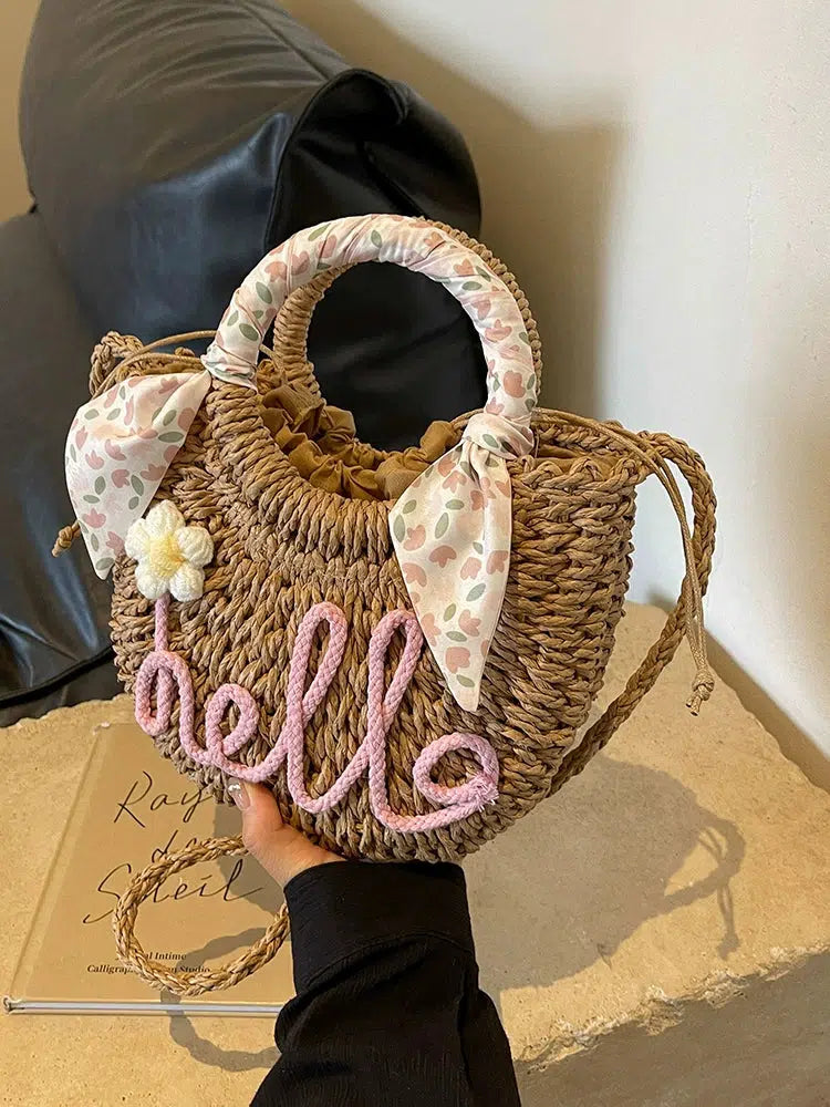 Bow Accent Handwoven Straw Bag