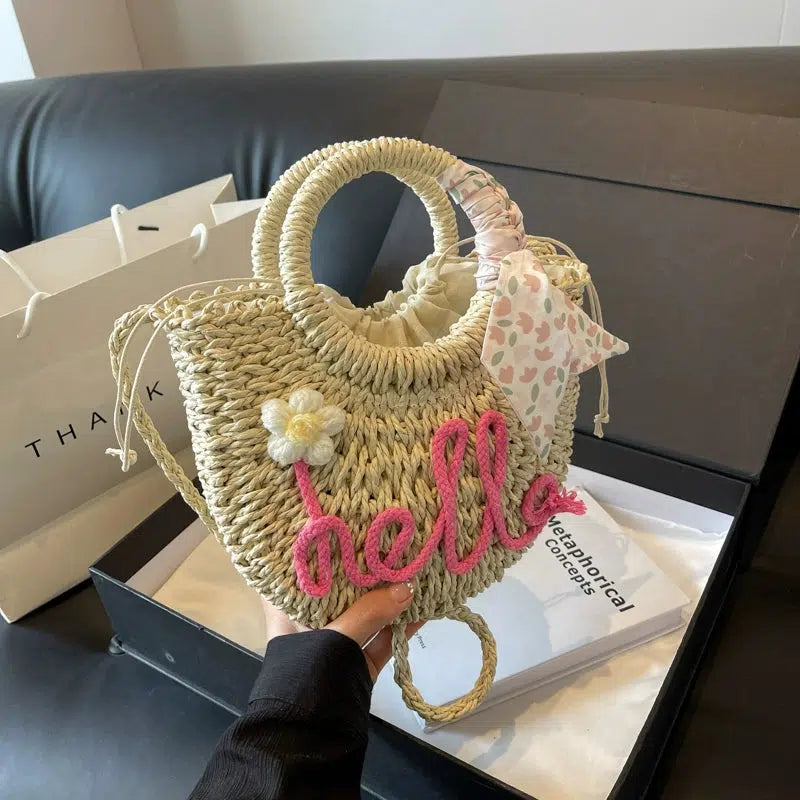 Bow Accent Handwoven Straw Bag