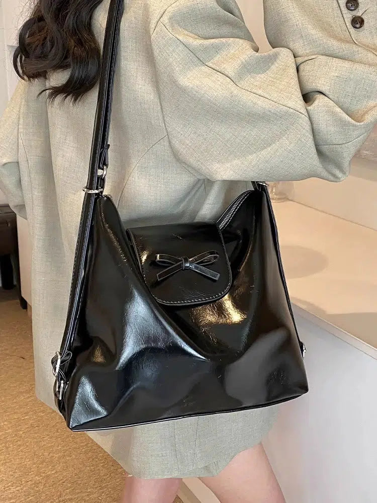 Bow Accent Shiny Leather Handbag
