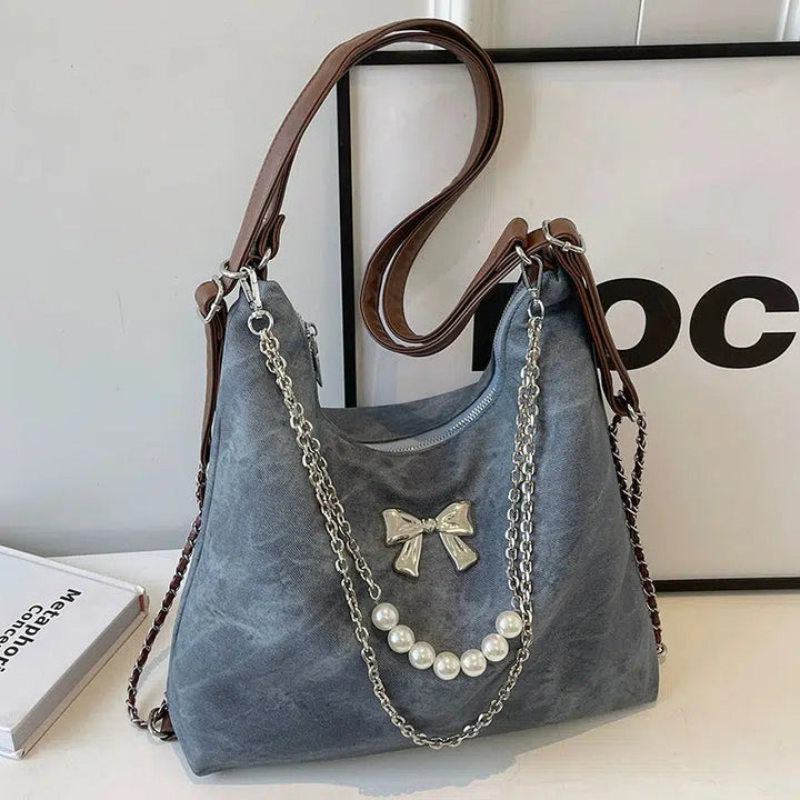 Bow Decorative Pearl Chain Shoulder Bag