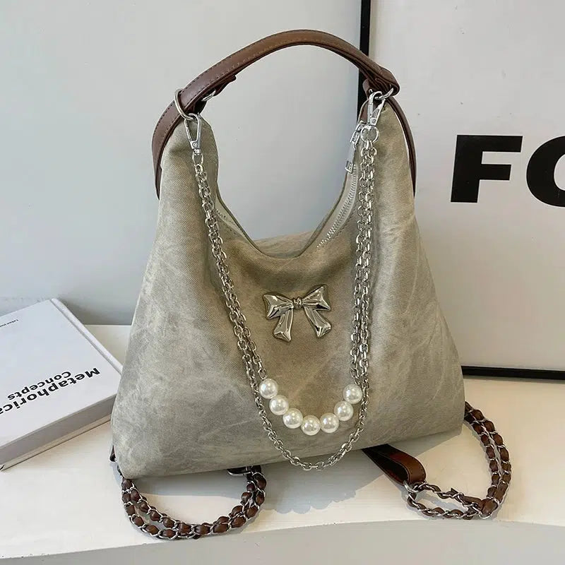 Bow Decorative Pearl Chain Shoulder Bag
