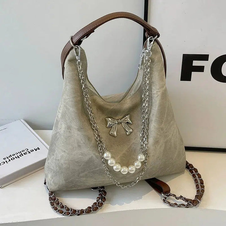 Bow Decorative Pearl Chain Shoulder Bag