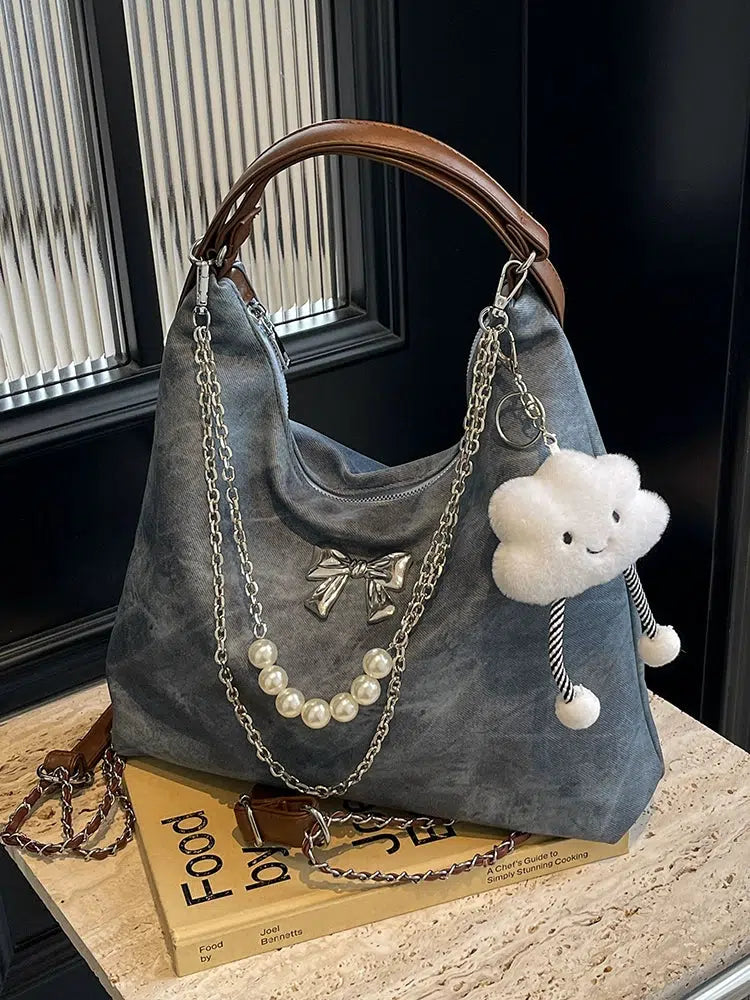 Bow Decorative Pearl Chain Shoulder Bag