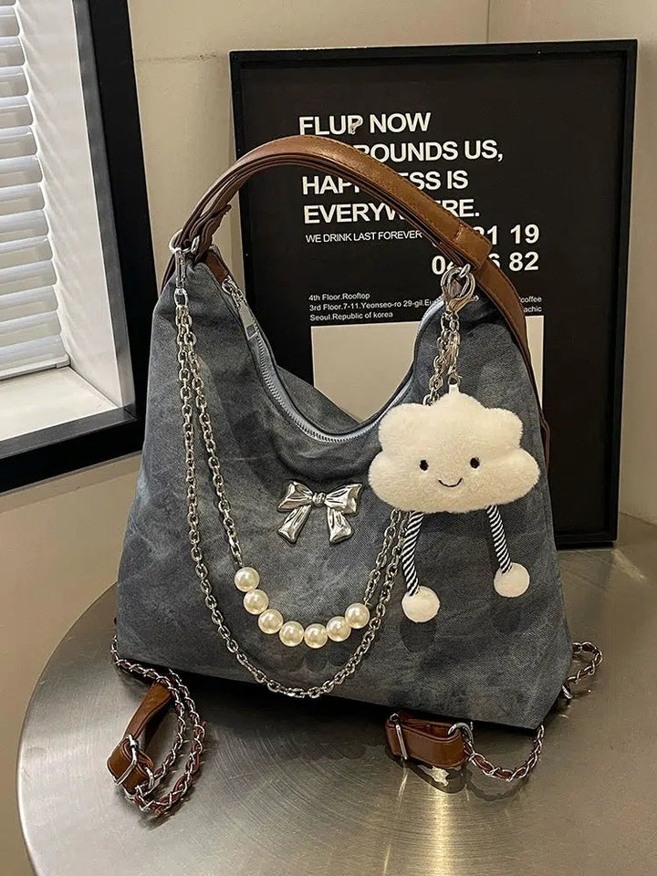 Bow Decorative Pearl Chain Shoulder Bag