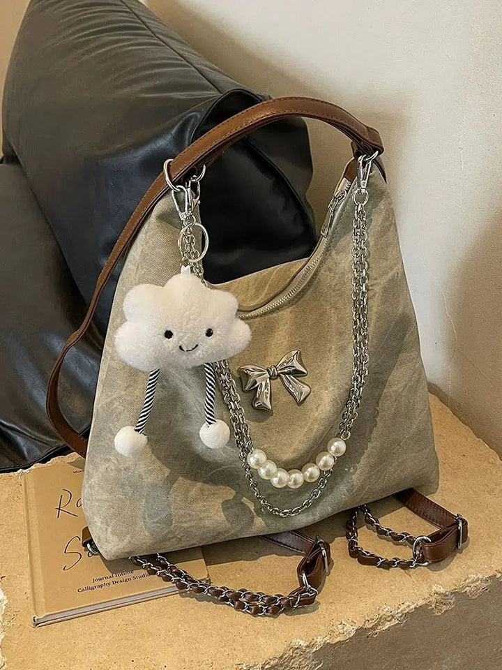 Bow Decorative Pearl Chain Shoulder Bag