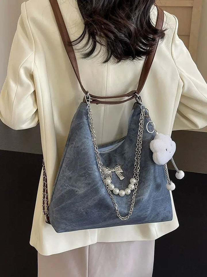 Bow Decorative Pearl Chain Shoulder Bag