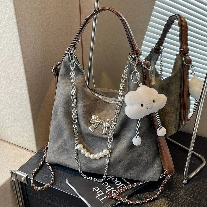 Bow Decorative Pearl Chain Shoulder Bag