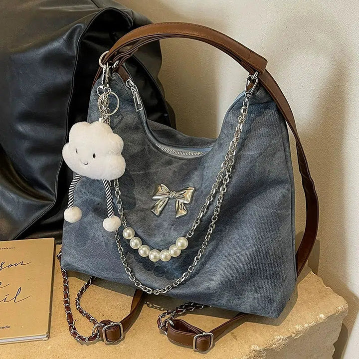 Bow Decorative Pearl Chain Shoulder Bag