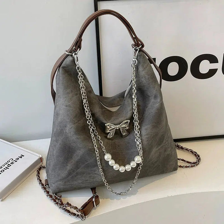 Bow Decorative Pearl Chain Shoulder Bag