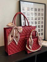 Bow Pearl Accents Quilted Tote Bag