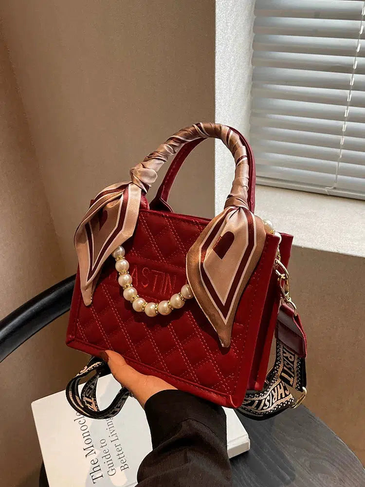 Bow Pearl Accents Quilted Tote Bag