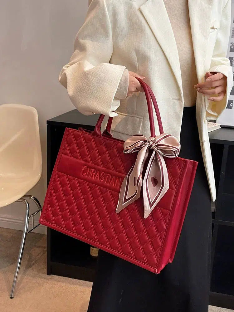 Bow Pearl Accents Quilted Tote Bag